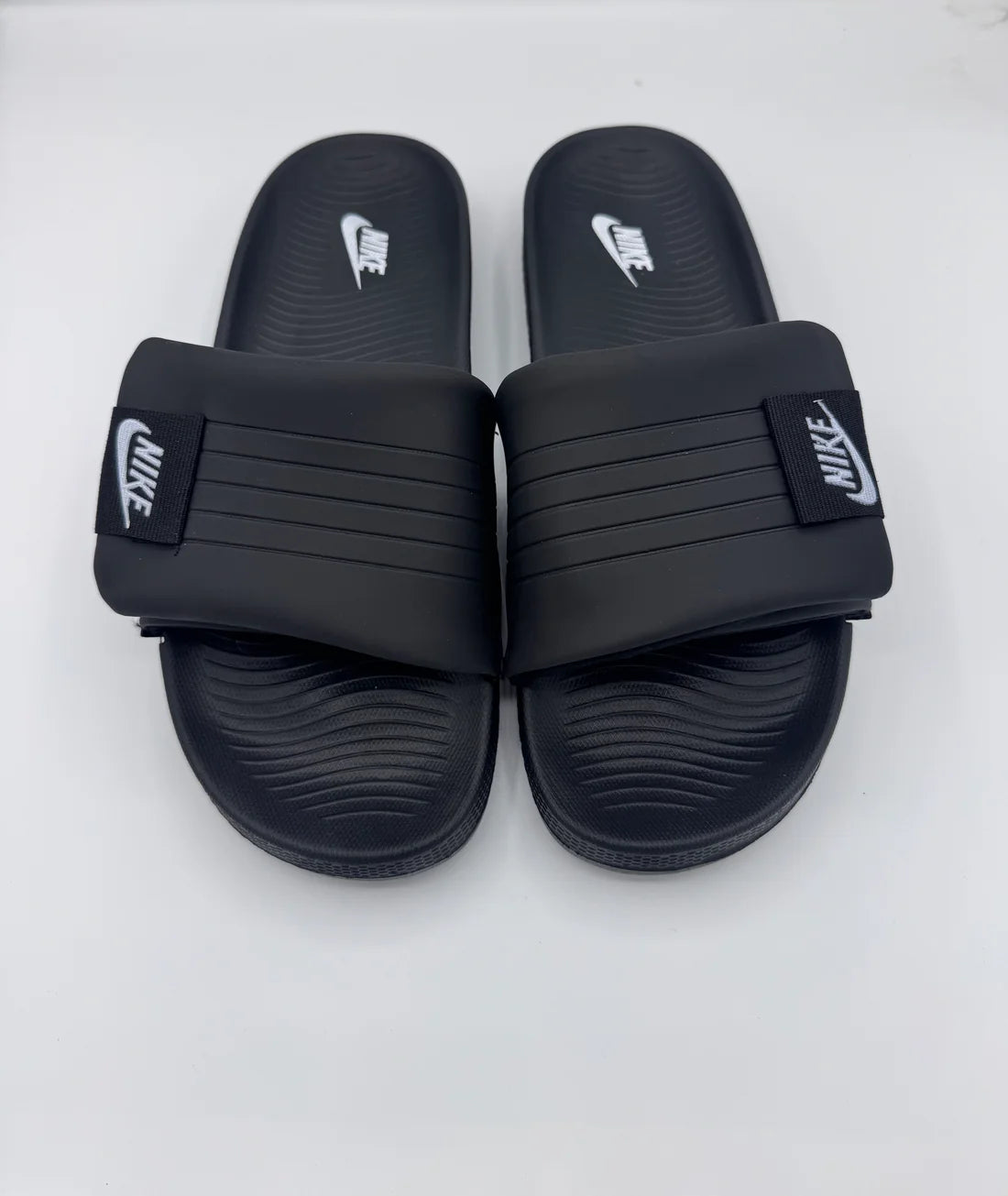 Nikee premium Adjustable Slides – white & Black (8mm foam) with recovery solevvv