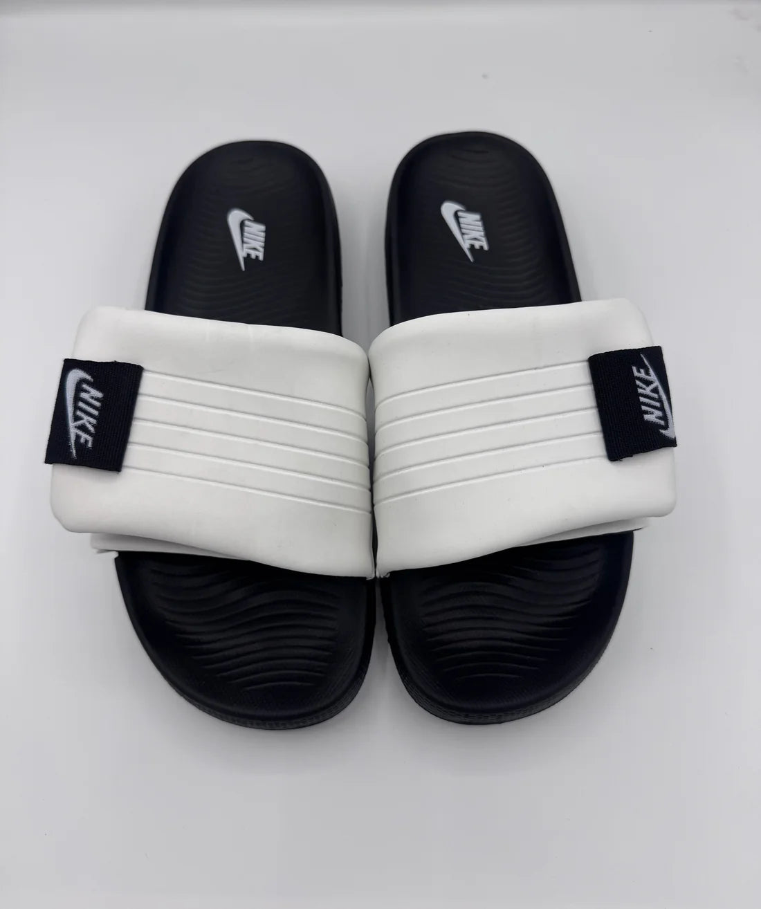Nikee premium Adjustable Slides – white & Black (8mm foam) with recovery solevvv